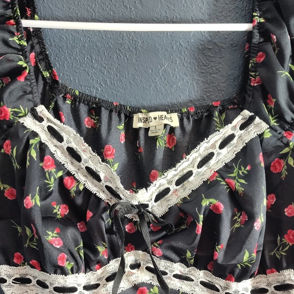 Inspired Hearts Black Slip Dress with Pink Floral Print - Picture 2 of 10